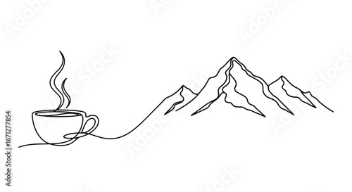 Conceptual Line Art of a Coffee Cup Transitioning into a Mountain Range, a Symbol of Morning Routine and New Journeys.

