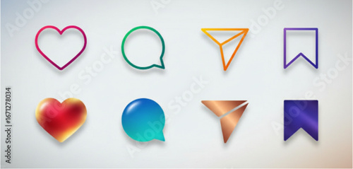 Collection of dynamic social media icons representing engagement, likes, comments, sharing, and saving, with a modern digital aesthetic