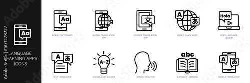 Language Learning Apps Line Icon Set