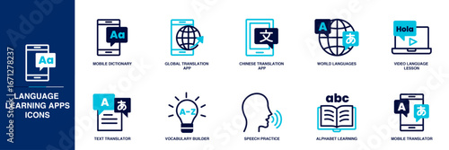 Language Learning Apps Blue Colored Outline Icon Set