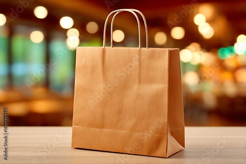 Wallpaper Mural Brown Paper Shopping Bag on Wood Table with Blurred Cafe Background, and Takeaway Concept. Torontodigital.ca