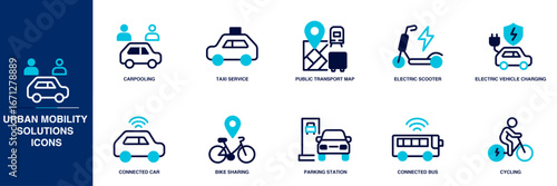 Urban Mobility Solutions Blue Colored Outline Icon Set