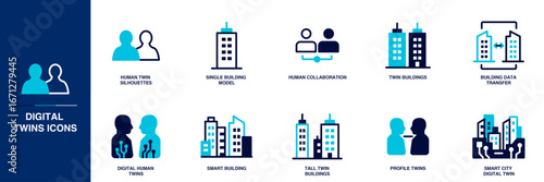 Digital Twins Blue Colored Outline Icon Set