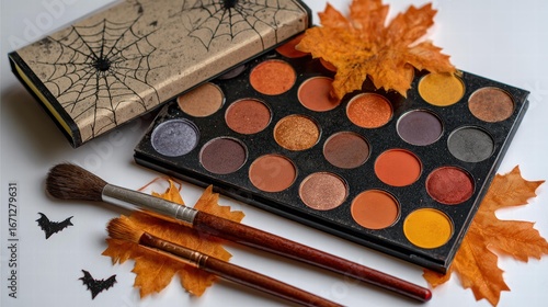 Spider web eyeshadow palette with autumn leaves for Halloween makeup launch.