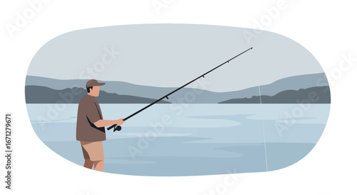 Flat illustration of a person fishing in lake