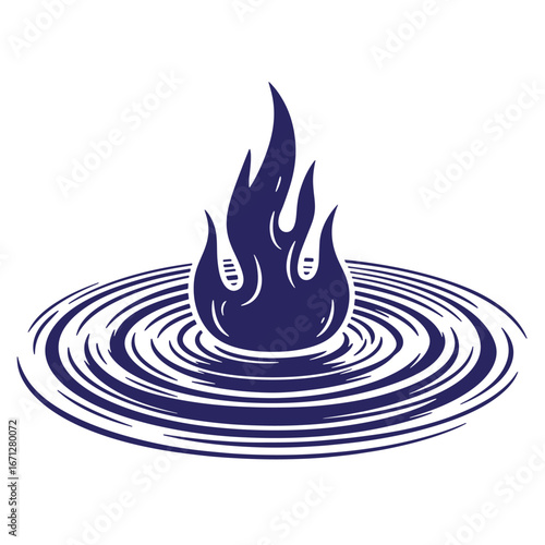 Unique artistic vector illustration featuring fire flames emerging from water ripples