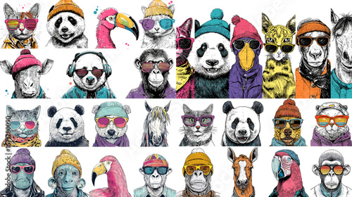 Trendy animal portraits of cats, pandas, flamingos, and dogs wearing sunglasses, hats, and hoodies in modern hipster pop art style.