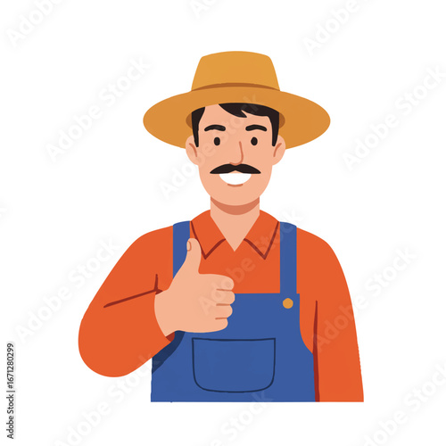 A confident farmer gives an enthusiastic thumbs up gesture, depicted in a minimalist 2D flat vector illustration style, isolated on a clean white background, conveying approval and success.
