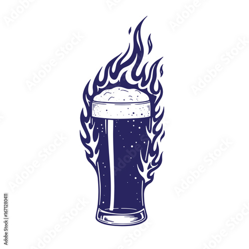 Unique illustration of a beer glass surrounded by flames symbolizing a fiery taste