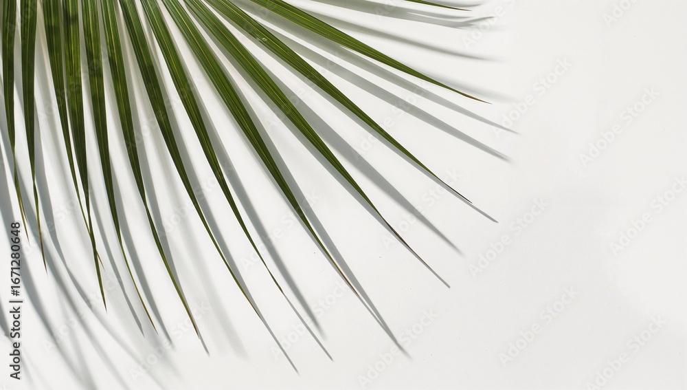 Obraz premium A vibrant green palm leaf casts delicate shadows on a bright white background, showcasing a minimalist and elegant aesthetic.
