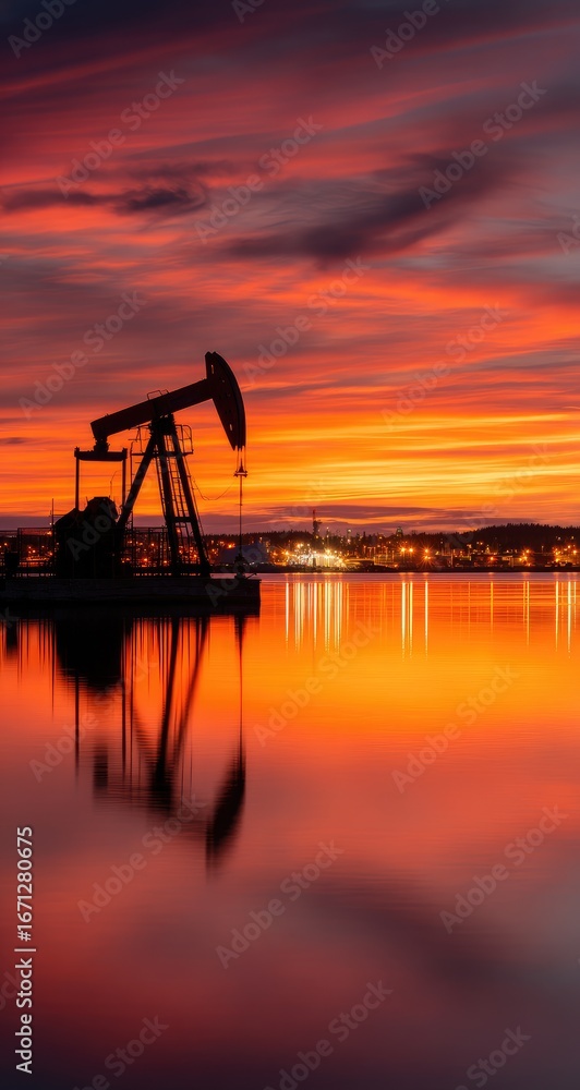 Obraz premium Silhouette oil rig at sunset reflected in calm water