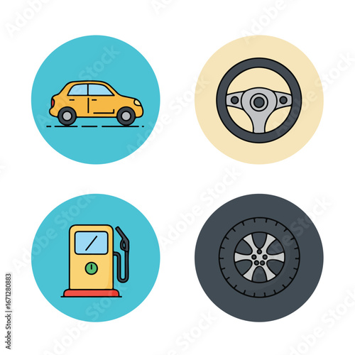 Automotive icons vehicle, wheel, gas, steering wheel on colorful backgrounds