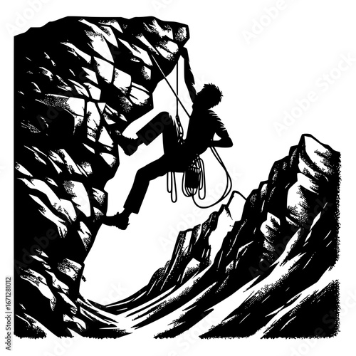 Mountain Climber Silhouette Illustration – Extreme Rock Climbing Adventure, Black and White Outdoor Sport Artwork, Hiking and Mountaineering Sketch for Adventure Poster and Extreme Sports Design