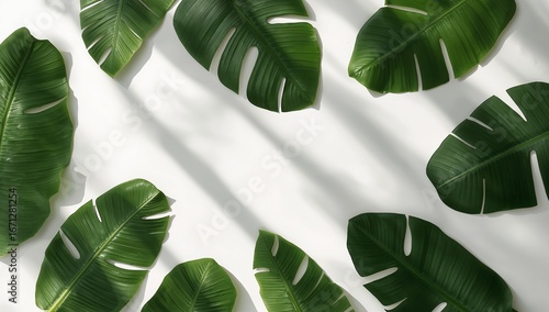 Lush green tropical leaves arranged artfully on a white surface, creating a vibrant and natural composition.