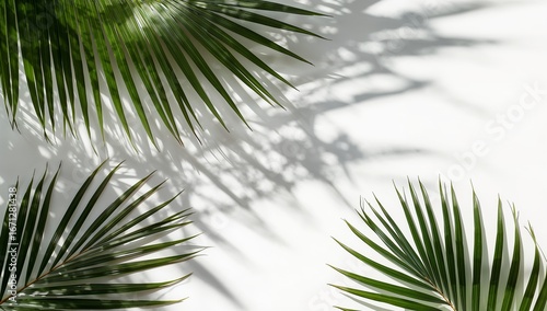 A flat lay composition showcasing vibrant green palm leaves against a bright white backdrop, with soft, dappled shadows creating an ethereal ambiance.