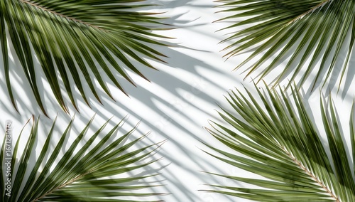 A striking arrangement of palm fronds casts dramatic shadows on a plain white surface, creating a serene and tropical aesthetic.