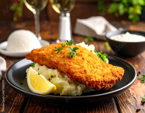 Crispy fried fish, mashed potatoes, lemon