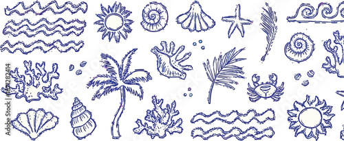 Beach summer vacation doodle set with seashells palm trees and sea elements