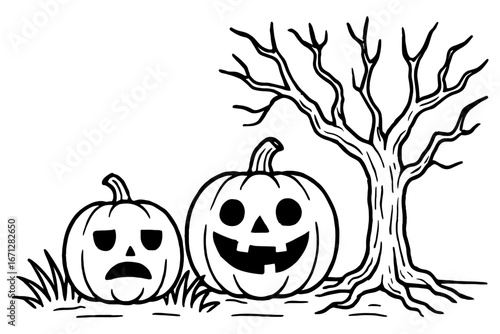Halloween Line Art Cartoon Pumpkins and Spooky Tree Coloring Page