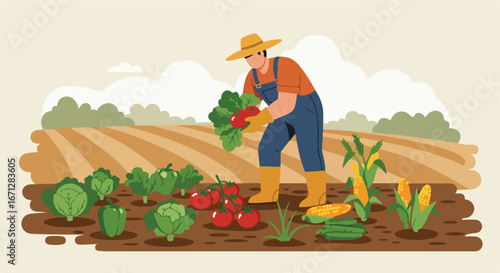 Farmer harvesting fresh vegetables in a field