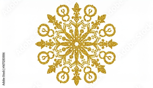 Intricate Gold Glitter Snowflake Mandala with Ornate Baroque Flourishes.