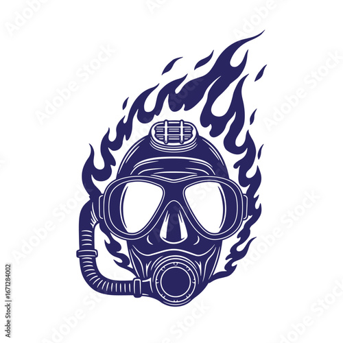 Vintage illustration of a deep sea diving helmet with surrounding flames on a white background