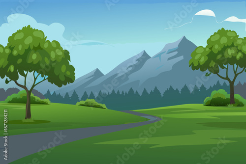 A serene landscape with a winding road and trees in a mountainous area