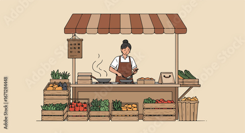 Market Woman cooks by vegetables in crates at open-air shop with awning