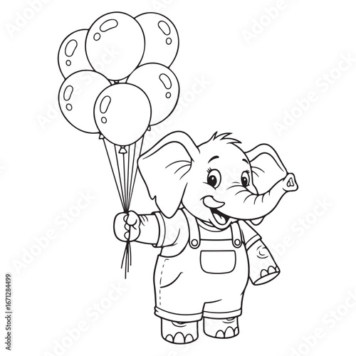 Line art of elephant cartoon in overalls holding balloons