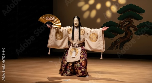 Noh Performer in Traditional Costume and Mask on Stage, Japan