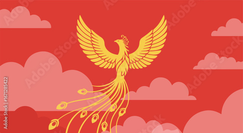Wallpaper Mural Gold phoenix on red with clouds Torontodigital.ca