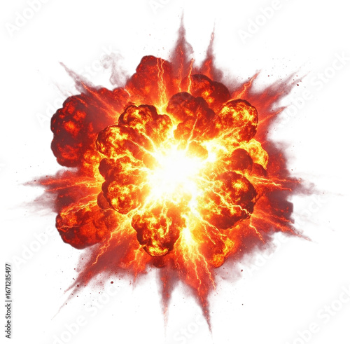 Intense Fiery Explosion with Bursting Orange and Red Flames, Bright Energy Core, and Expanding Smoke