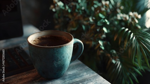 Wallpaper Mural Cozy workspace with a cup of coffee and lush plant decor Torontodigital.ca