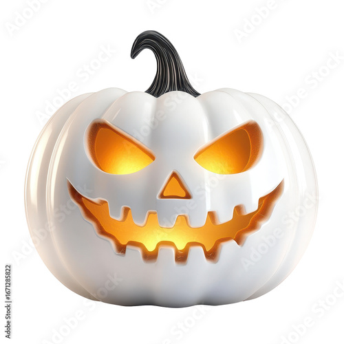 A glowing white pumpkin with a spooky face, perfect for Halloween decorations.