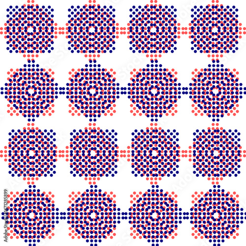 ed and blue overlap square and diamond geometric shapes, diamond shapes made of small red squares, with a circular pattern in the center seamless pattern