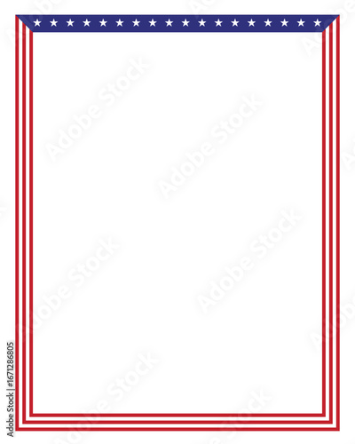 Portrait American flag theme style rectangular square frame or border vertical template USA red blue for independence day document, invitation decorative 4th July patriotic celebrations