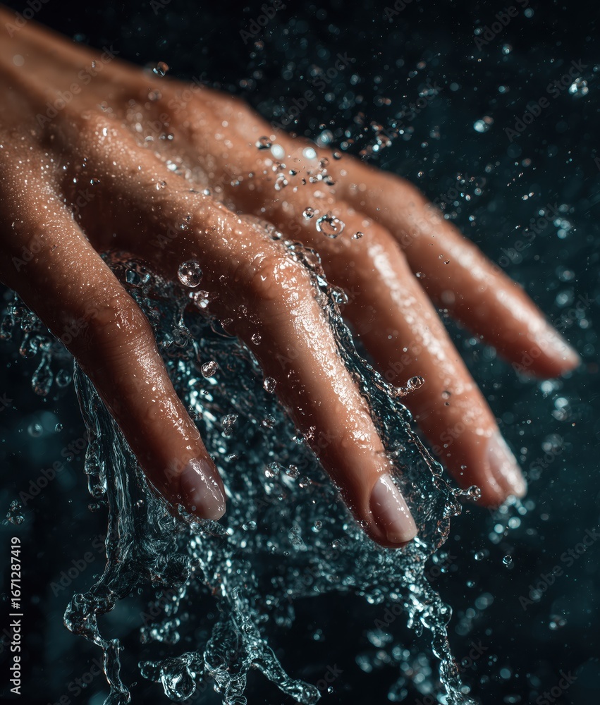 Fototapeta premium Female hand with water droplets splashing against dark background