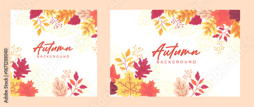 Bright autumn background with colorful fall leaves, maple, and oak branches. Perfect seasonal vector design and illustration for banners, wallpapers, Thanksgiving, and nature-themed projects.