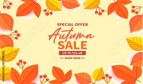 Autumn sale banner with vibrant fall leaves in orange, yellow, and red. Festive design with "Get up to 25%,50%,70% off" text, perfect for seasonal promotions, marketing, and social media campaigns.
