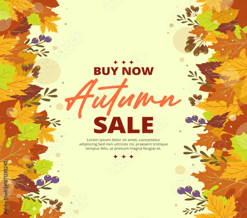 Autumn sale banner with vibrant fall leaves in orange, yellow, and red. Festive design with "Get up to 25%,50%,70% off" text, perfect for seasonal promotions, marketing, and social media campaigns.