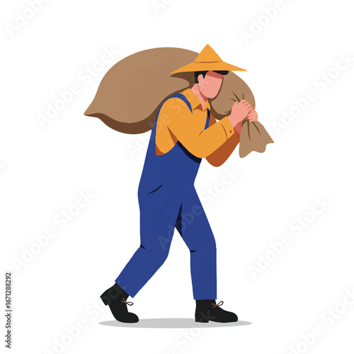 A determined farmer carries a heavy sack over their shoulder in a vibrant 2D flat vector illustration with minimalist, clean lines and solid colors, isolated on a clean white background.