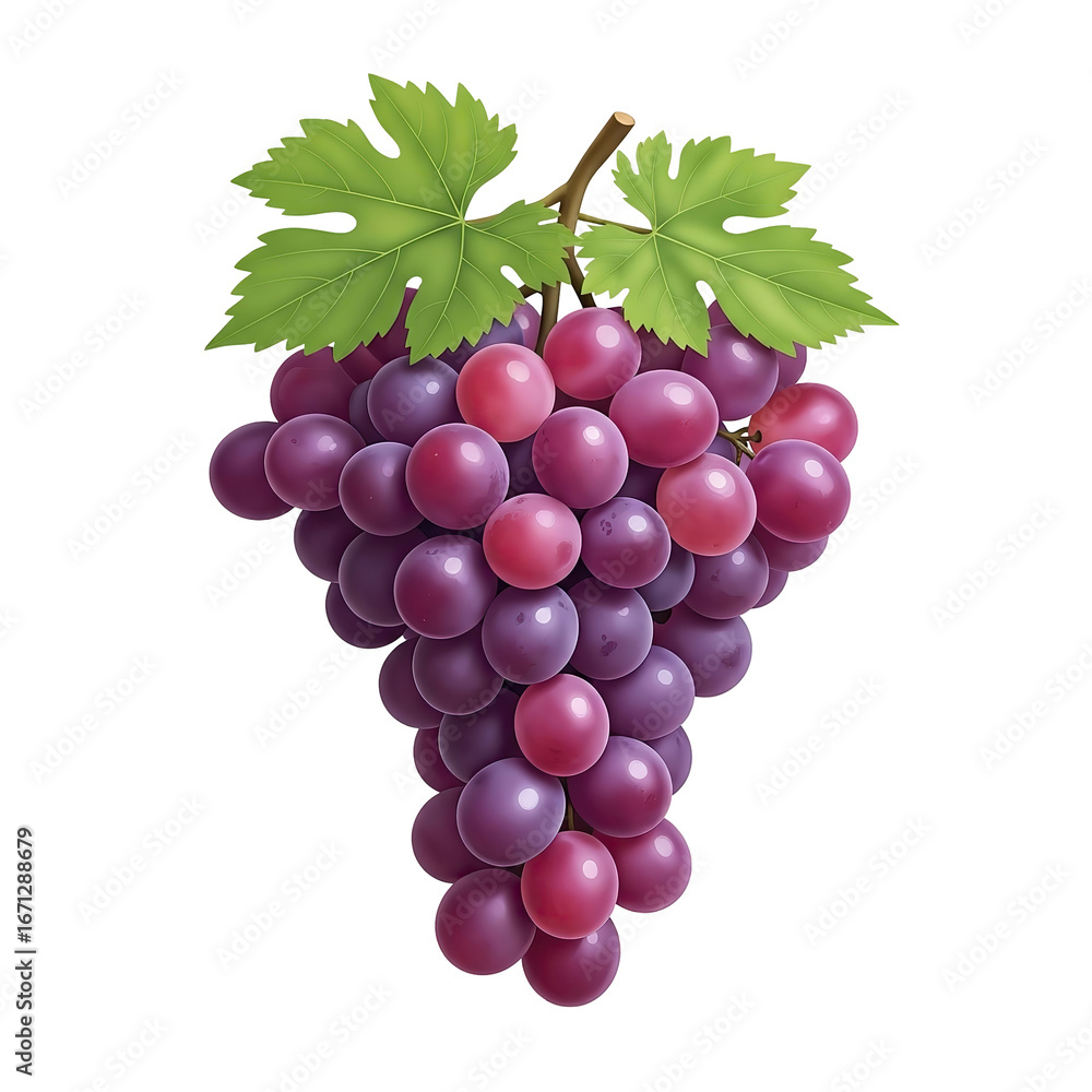 Fototapeta premium Vibrant bunch of ripe red grapes with fresh green leaves, perfect for culinary or health themes.
