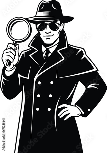 Black and white detective in trench coat with magnifying glass, noir mystery investigation vector, classic crime solving, clue searching illustration