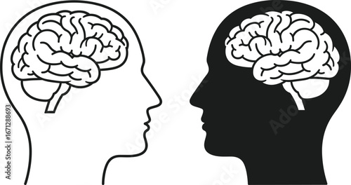 Black and white human head profiles with brain, contrast thinking concept vector, psychology, neuroscience, duality, communication illustration design