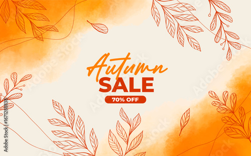 Autumn sale banner with vibrant fall leaves in orange, yellow, and red. Festive design with "Get up to 25%,50%,70% off" text, perfect for seasonal promotions, marketing, and social media campaigns.