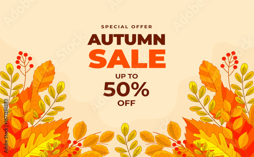 Autumn sale banner with vibrant fall leaves in orange, yellow, and red. Festive design with "Get up to 25%,50%,70% off" text, perfect for seasonal promotions, marketing, and social media campaigns.