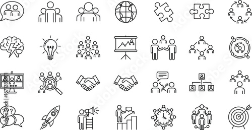 Business teamwork and productivity icons set, black and white vector symbols with communication, leadership, partnership, growth, corporate collaboration illustration