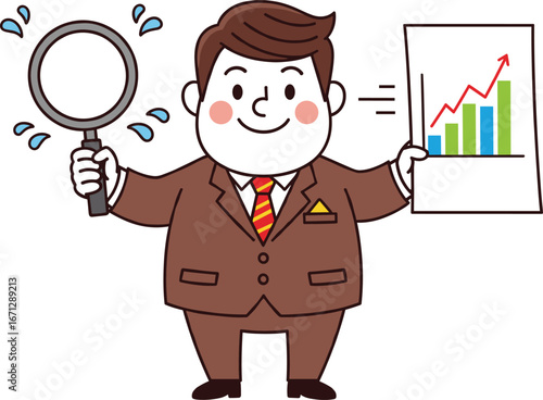 Cartoon businessman holding magnifying glass and growth chart, vector analysis concept, financial success, business progress, market research illustration