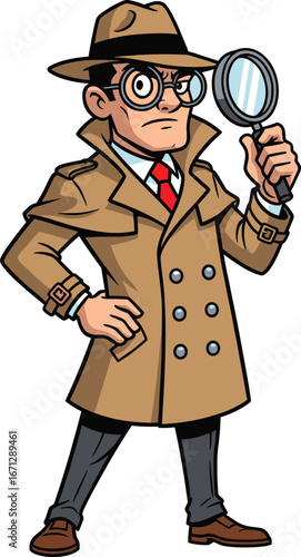 Cartoon detective in brown trench coat holding magnifying glass, mystery investigation vector, crime solving, clue search, inquiry illustration design