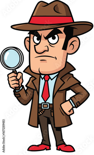 Cartoon detective in brown trench coat with red hat band holding magnifying glass, mystery investigation vector, crime solving, clue search illustration